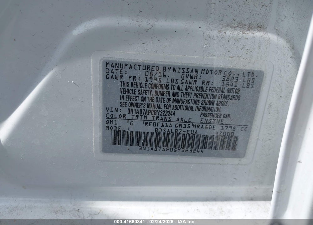 2016 NISSAN SENTRA VIN: 3N1AB7AP0GY323244