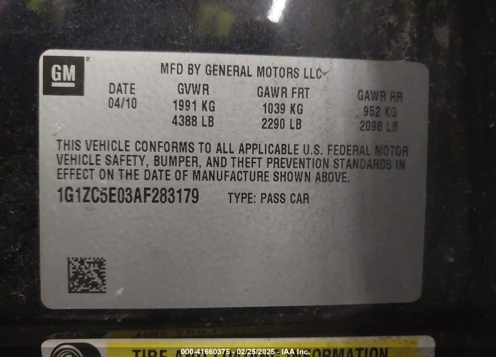 2010 CHEVROLET MALIBU VIN: 1G1ZC5E03AF283179