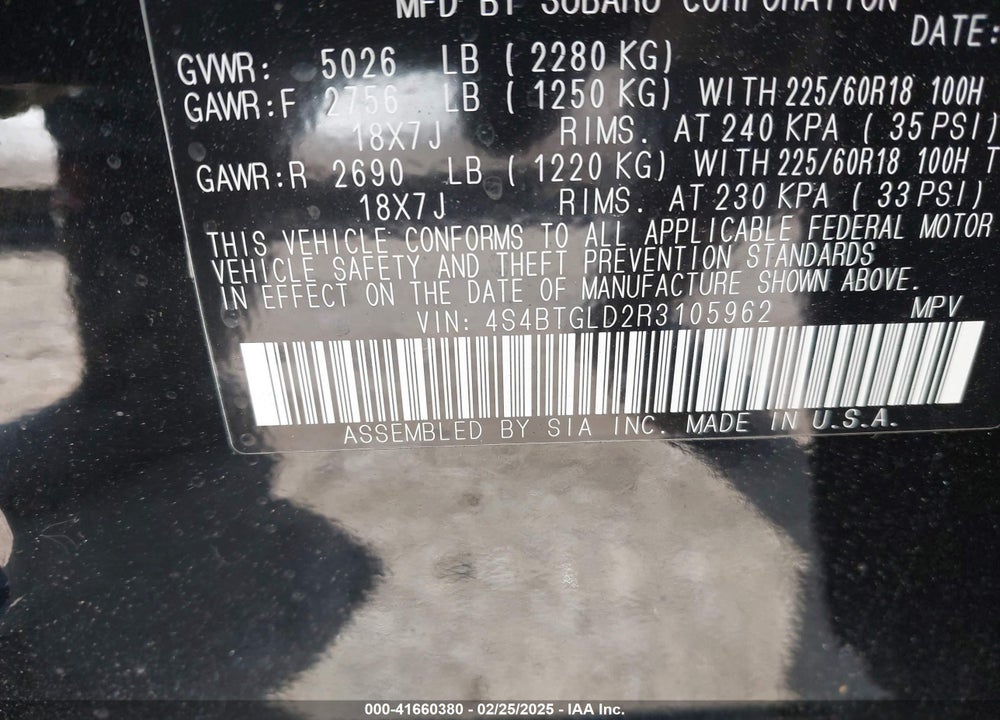 2024 SUBARU OUTBACK VIN: 4S4BTGLD2R3105962