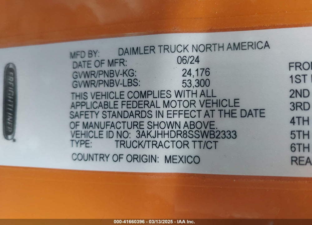 2025 FREIGHTLINER CASCADIA 126 VIN: 3AKJHHDR8SSWB2333