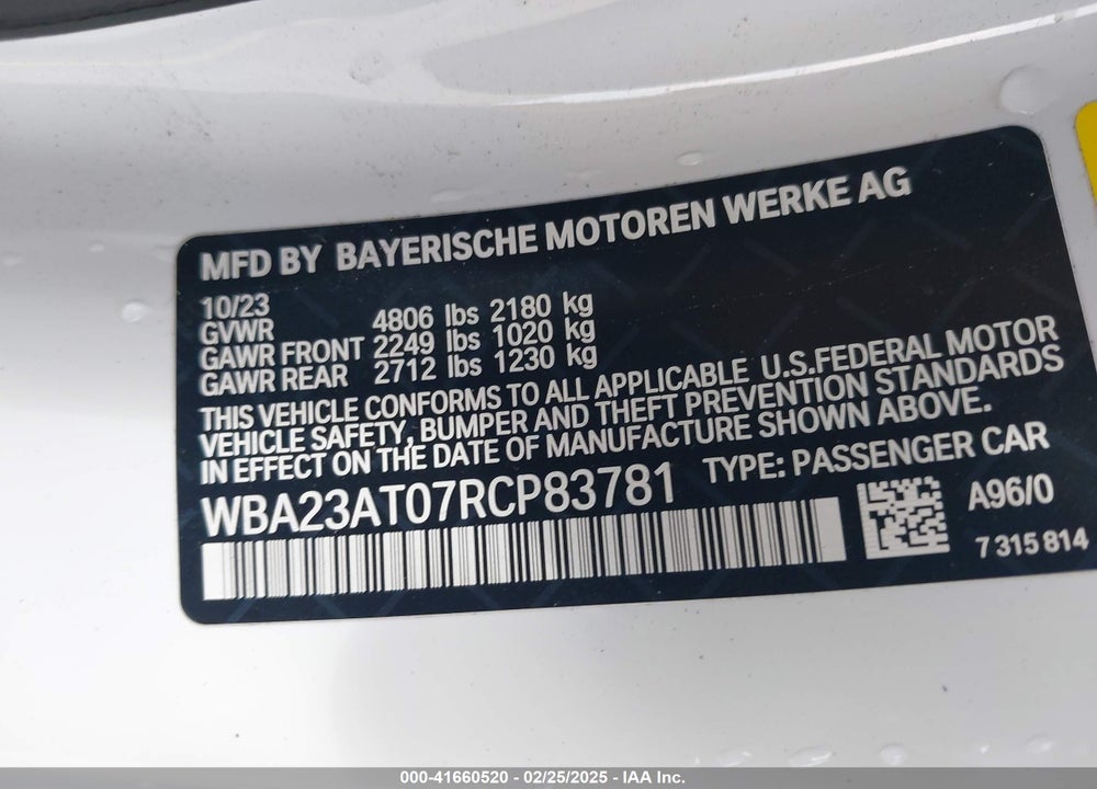 2024 BMW 4 SERIES 430I VIN: WBA23AT07RCP83781