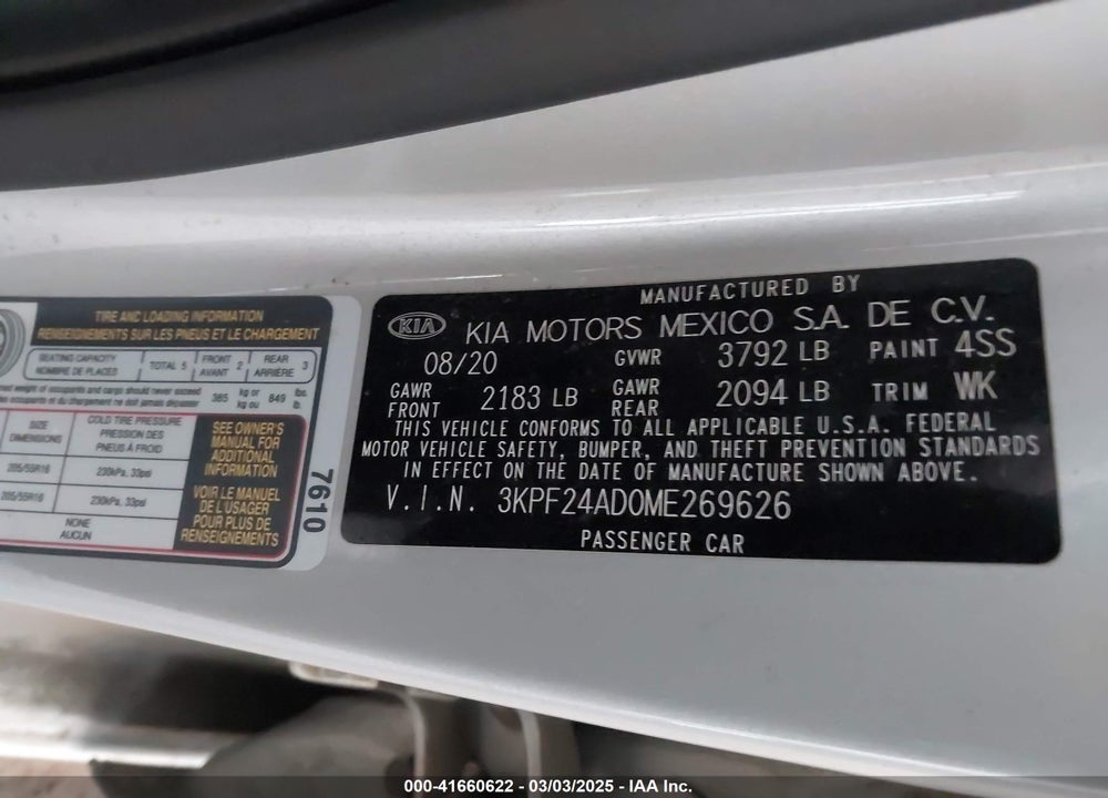 2021 KIA FORTE VIN: 3KPF24AD0ME269626