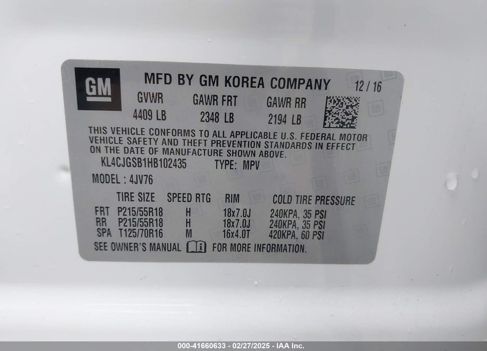 2017 BUICK ENCORE ESSENCE VIN: KL4CJGSB1HB102435