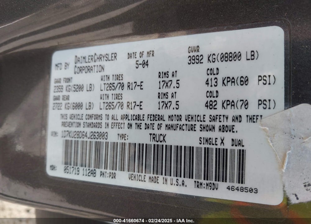 2004 DODGE RAM 2500 SLT/LARAMIE VIN: 1D7KU28D64J263003