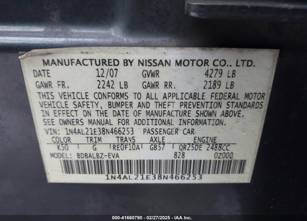 2008 NISSAN ALTIMA VIN: 1N4AL21E38N466253