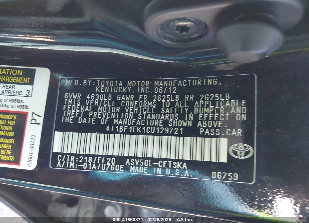 2012 TOYOTA CAMRY SE VIN: 4T1BF1FK1CU129721