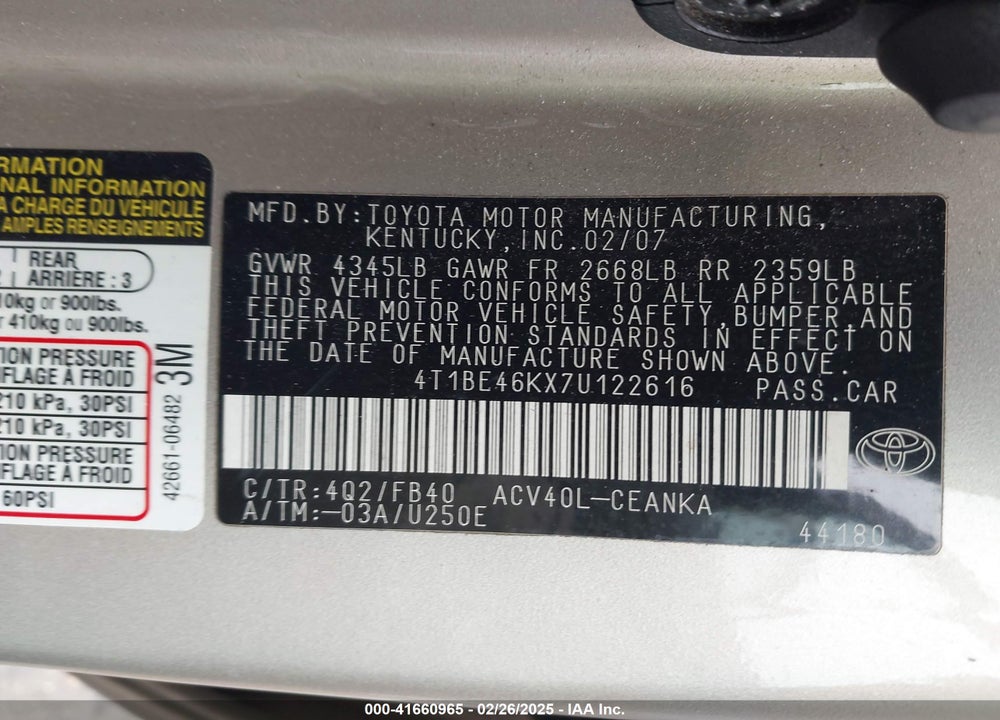 2007 TOYOTA CAMRY VIN: 4T1BE46KX7U122616