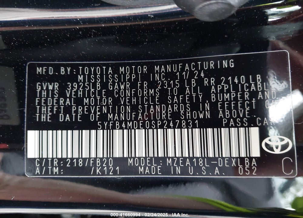 2025 TOYOTA COROLLA VIN: 5YFB4MDE0SP247831