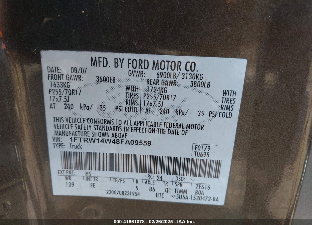 2008 FORD F-150 60TH ANNIVERSARY/XL/XLT VIN: 1FTRW14W48FA09559