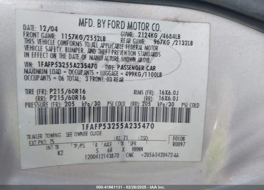 2005 FORD TAURUS SE VIN: 1FAFP53255A235470
