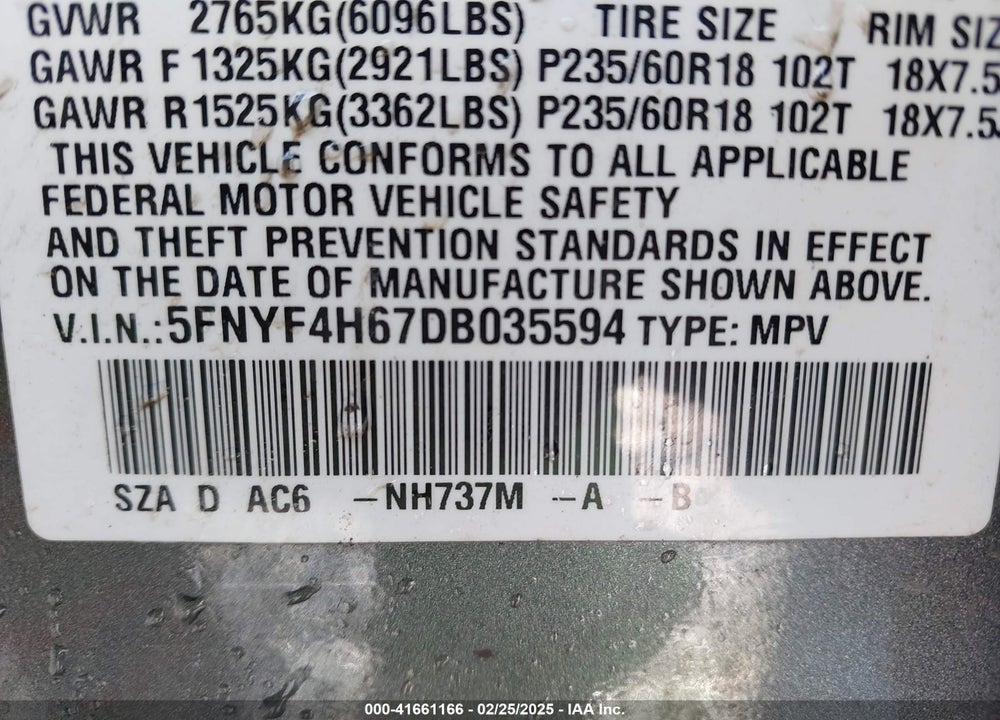 2013 HONDA PILOT VIN: 5FNYF4H67DB035594