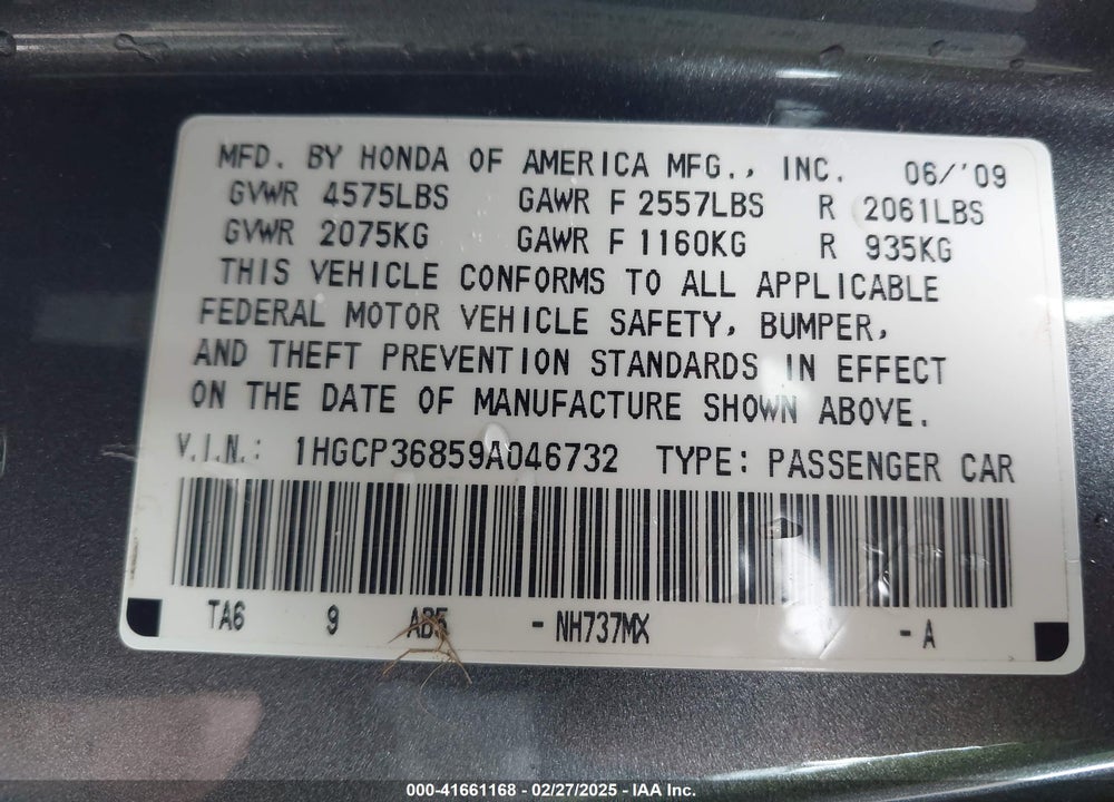 2009 HONDA ACCORD 3.5 EX-L VIN: 1HGCP36859A046732