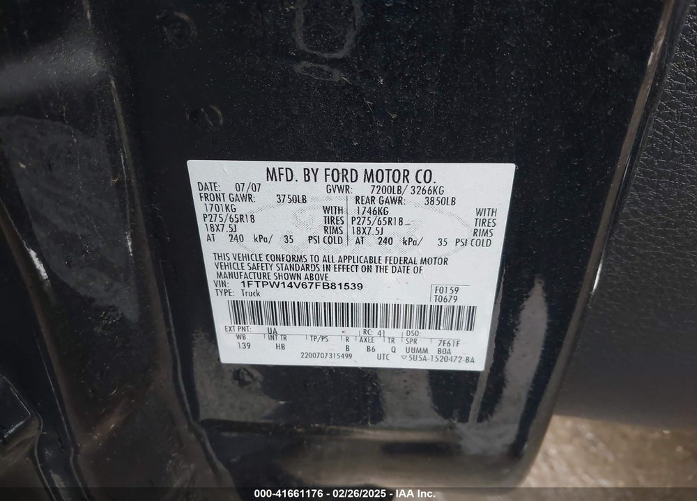 2007 FORD F-150 FX4/LARIAT/XLT VIN: 1FTPW14V67FB81539