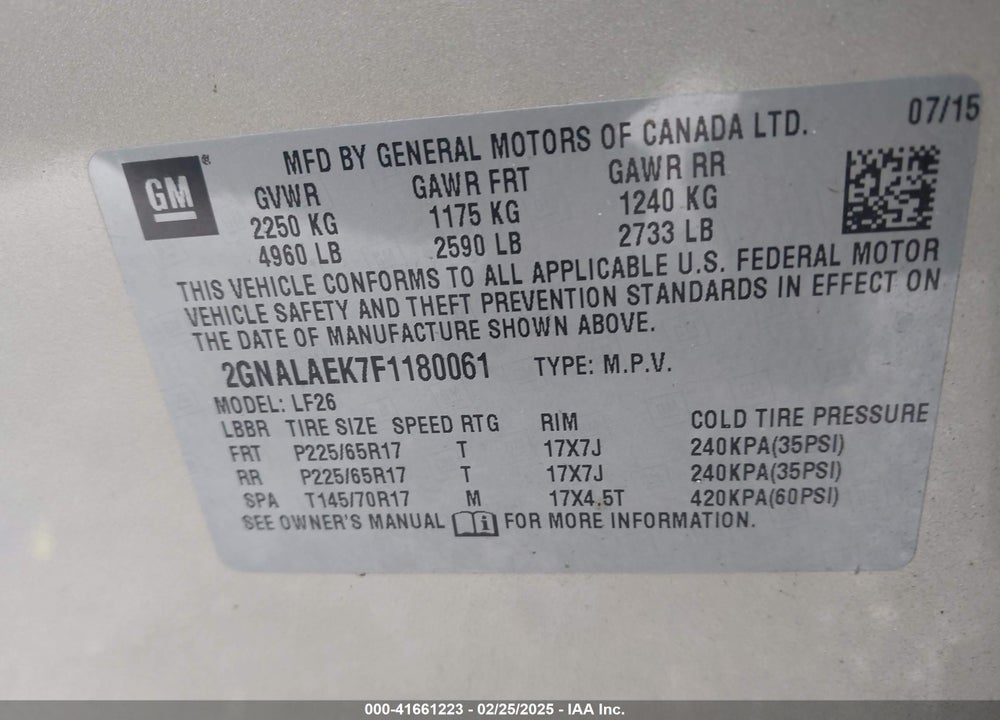 2015 CHEVROLET EQUINOX VIN: 2GNALAEK7F1180061