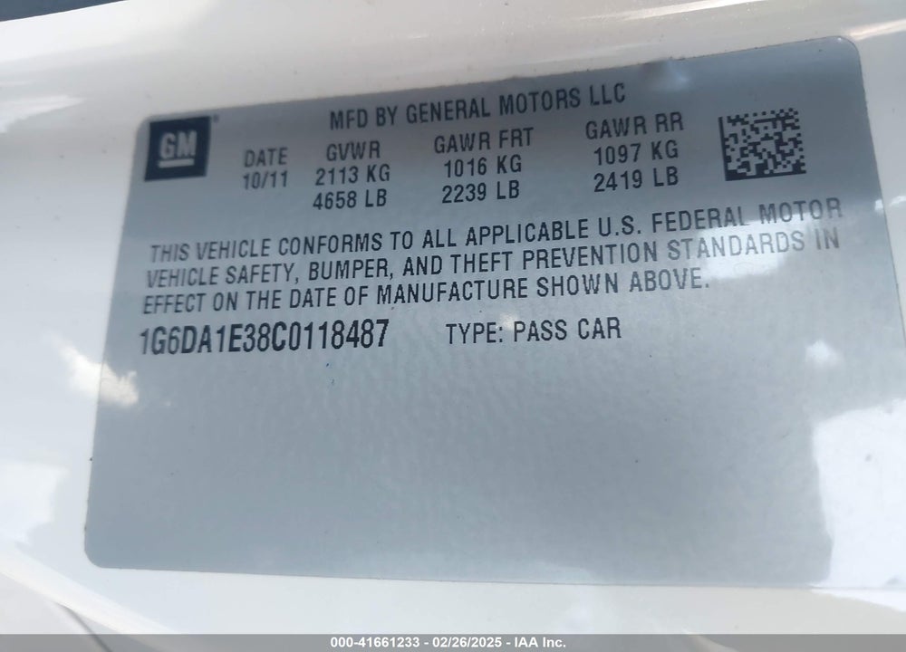 2012 CADILLAC CTS STANDARD VIN: 1G6DA1E38C0118487