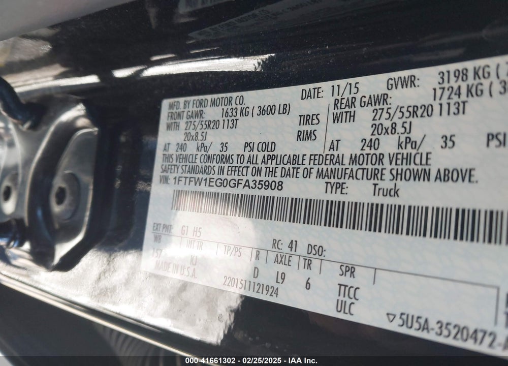 2016 FORD F-150 VIN: 1FTFW1EG0GFA35908