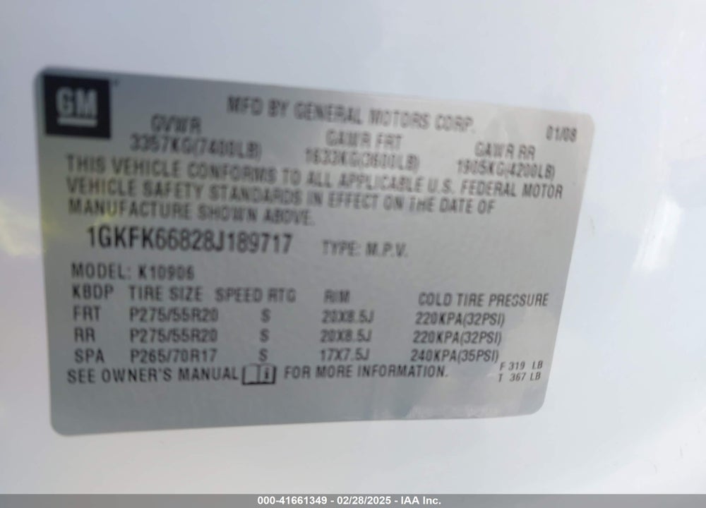 2008 GMC YUKON XL 1500 VIN: 1GKFK66828J189717
