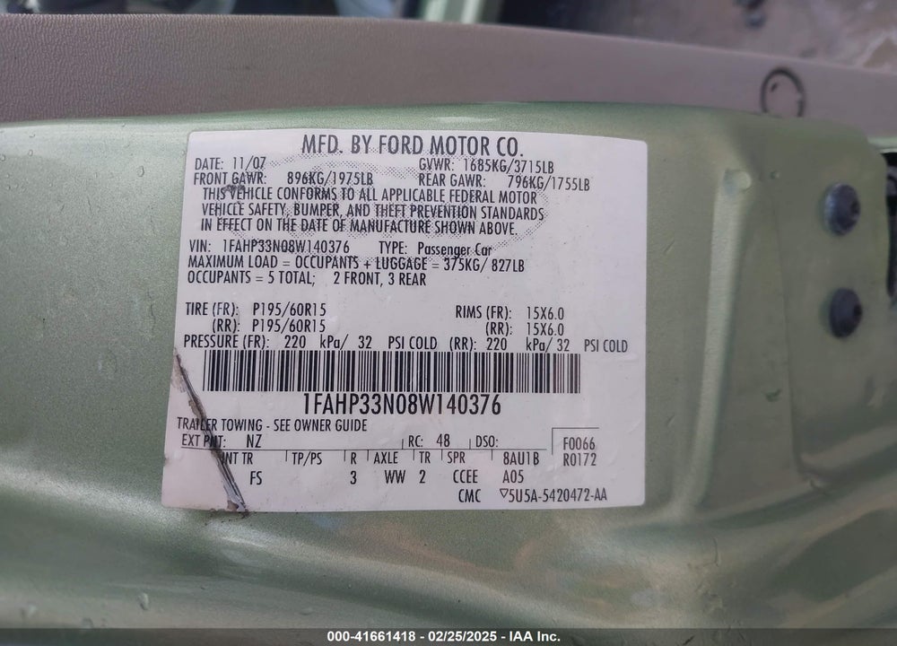 2008 FORD FOCUS SE/SES VIN: 1FAHP33N08W140376