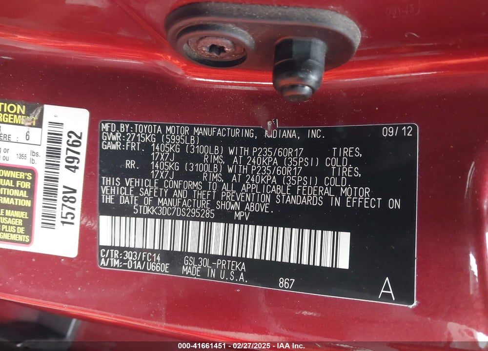 2013 TOYOTA SIENNA LE V6 8 PASSENGER VIN: 5TDKK3DC7DS295285