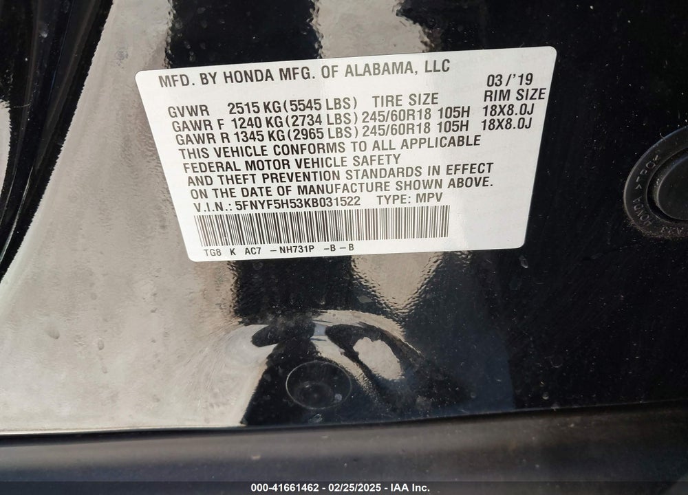 2019 HONDA PILOT EX-L VIN: 5FNYF5H53KB031522