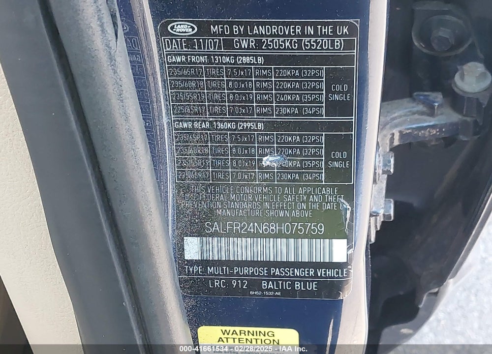 2008 LAND ROVER LR2 VIN: SALFR24N68H075759