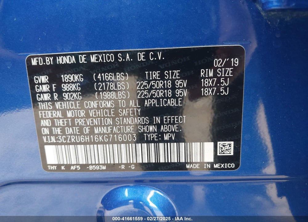 2019 HONDA HR-V VIN: 3CZRU6H16KG716003