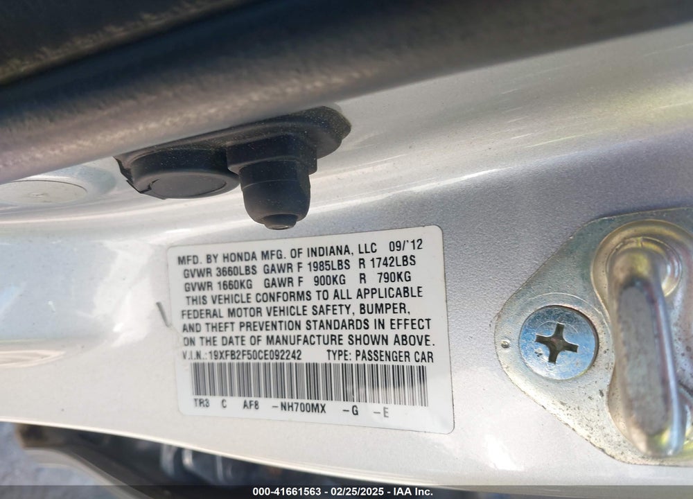 2012 HONDA CIVIC LX VIN: 19XFB2F50CE092242