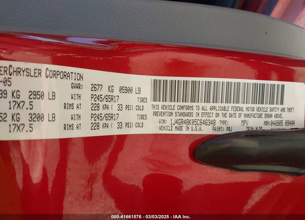 2005 JEEP GRAND CHEROKEE LAREDO VIN: 1J4GR48K05C646348