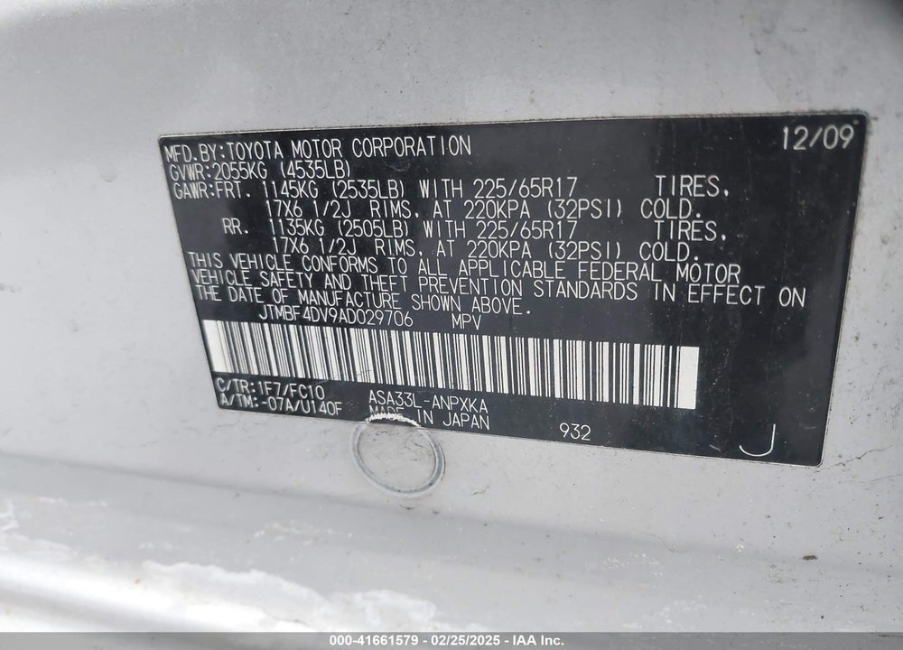 2010 TOYOTA RAV4 VIN: JTMBF4DV9AD029706