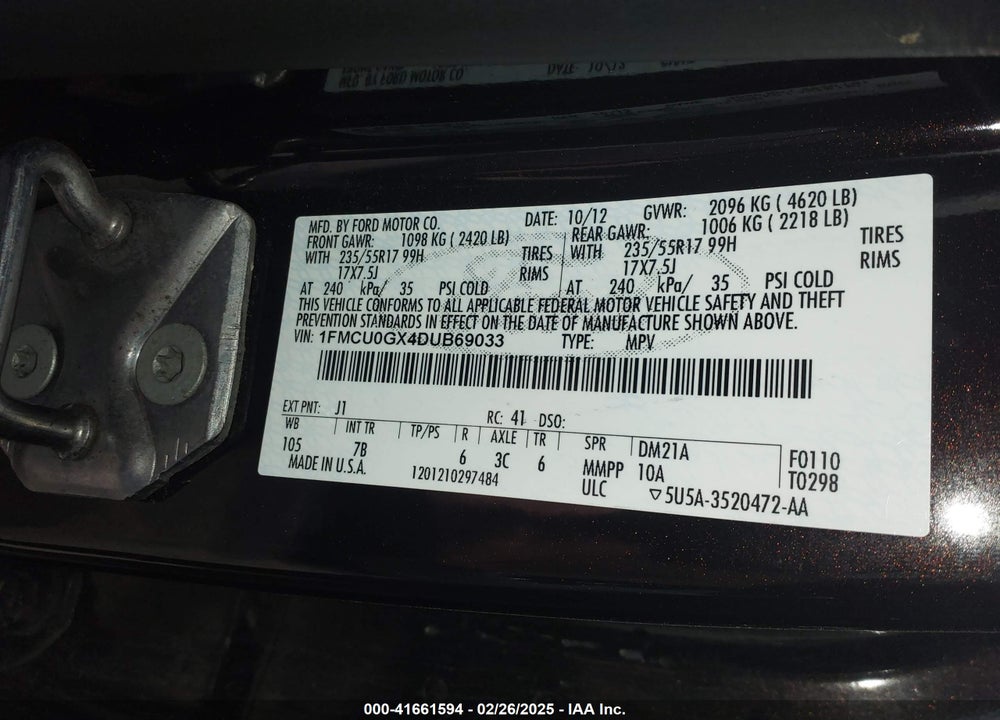 2013 FORD ESCAPE SE VIN: 1FMCU0GX4DUB69033