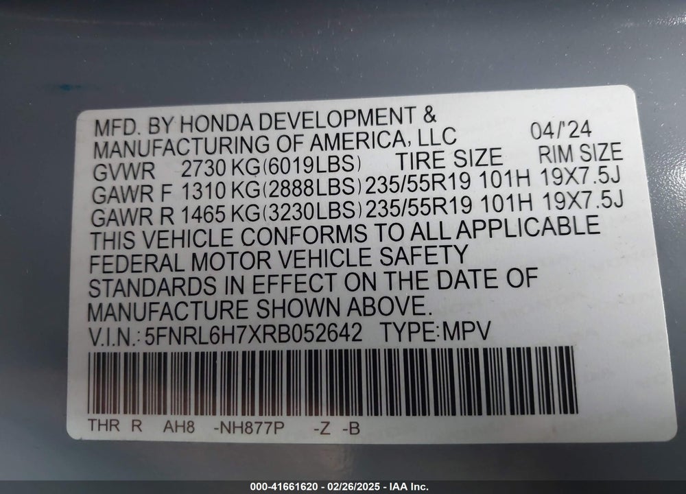 2024 HONDA ODYSSEY VIN: 5FNRL6H7XRB052642