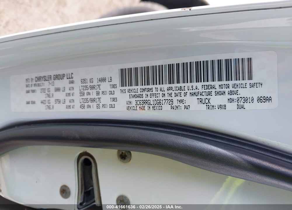 2013 RAM 3500 TRADESMAN VIN: 3C63RRGL1DG617729