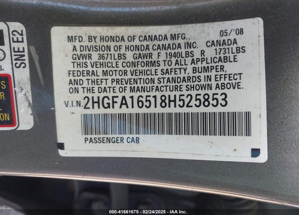 2008 HONDA CIVIC LX VIN: 2HGFA16518H525853