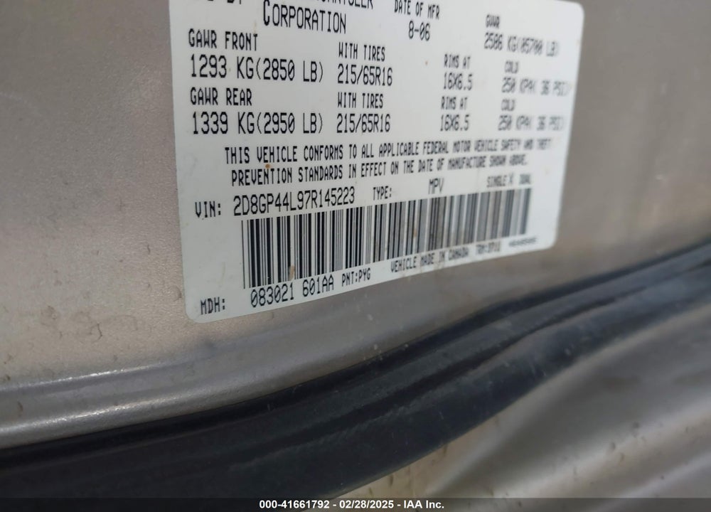 2007 DODGE GRAND CARAVAN SXT VIN: 2D8GP44L97R145223