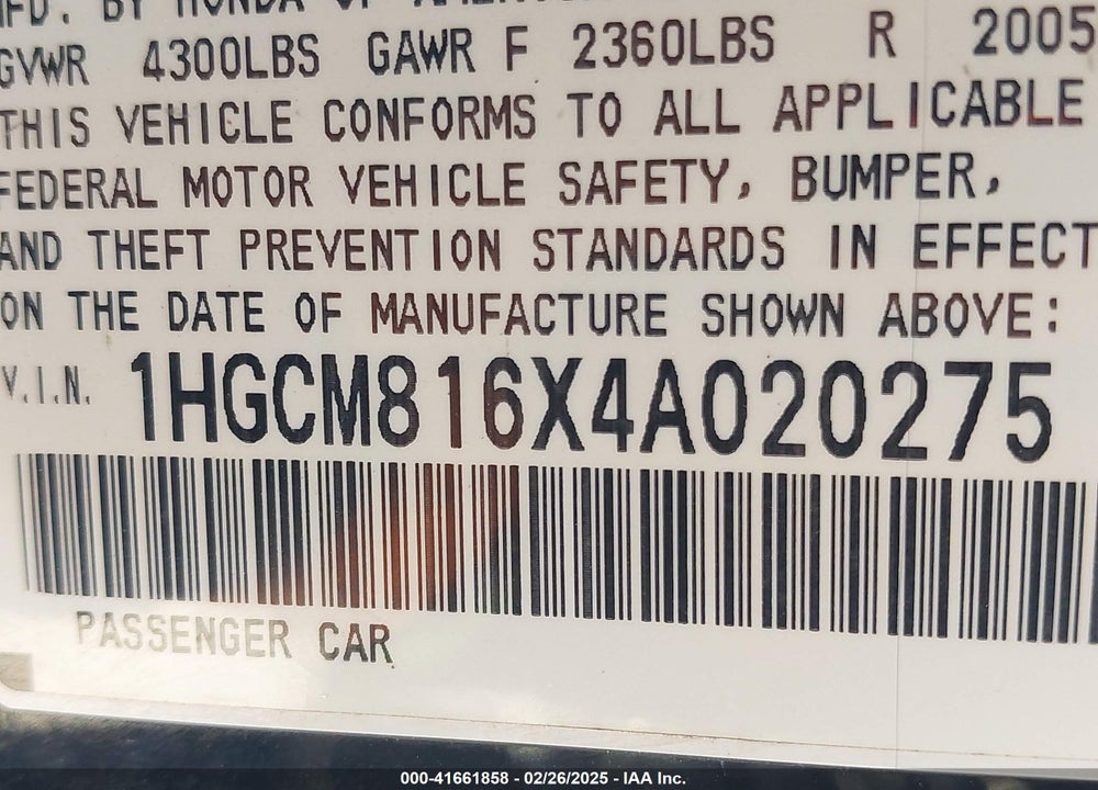 2004 HONDA ACCORD 3.0 EX VIN: 1HGCM816X4A020275
