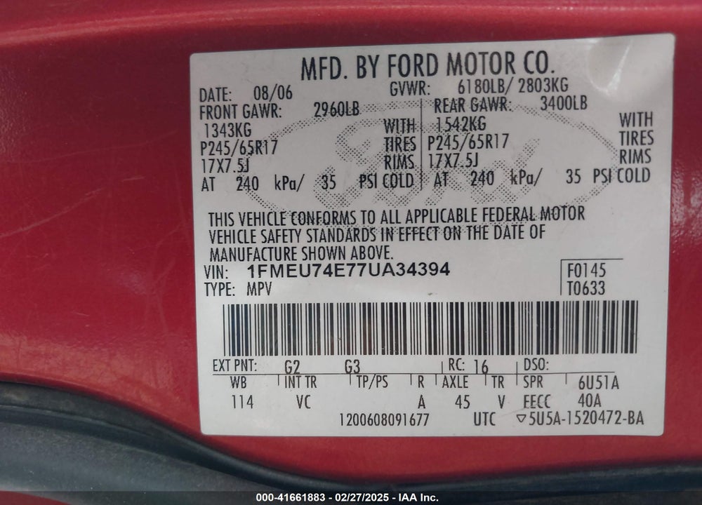 2007 FORD EXPLORER VIN: 1FMEU74E77UA34394