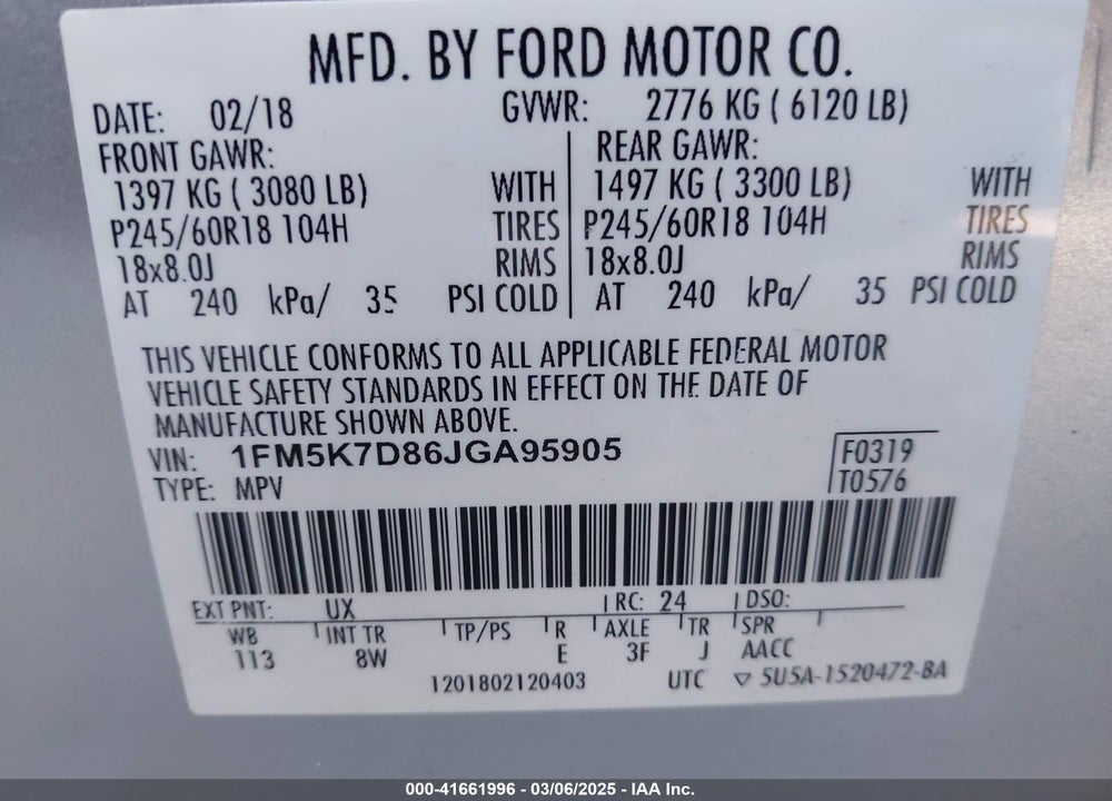 2018 FORD EXPLORER XLT VIN: 1FM5K7D86JGA95905
