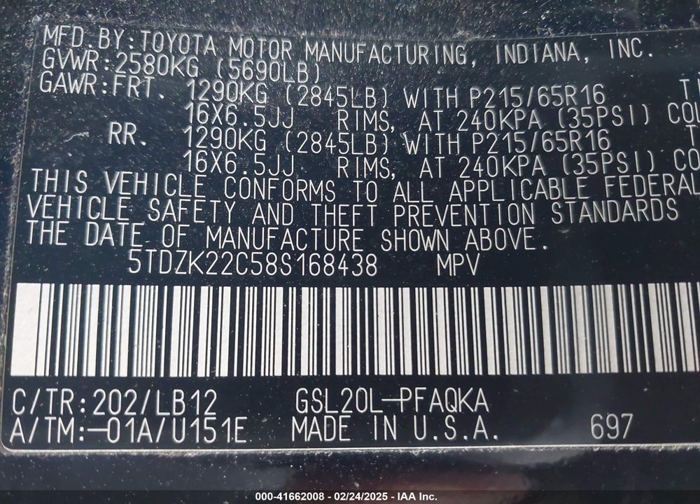 2008 TOYOTA SIENNA XLE VIN: 5TDZK22C58S168438