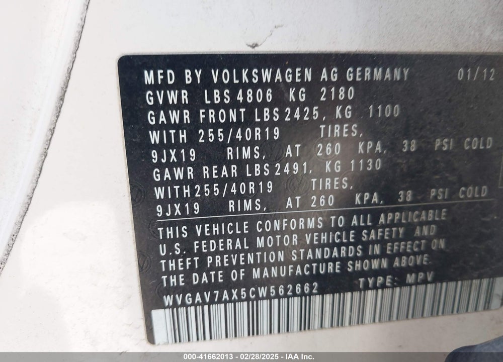 2012 VOLKSWAGEN TIGUAN SEL VIN: WVGAV7AX5CW562662