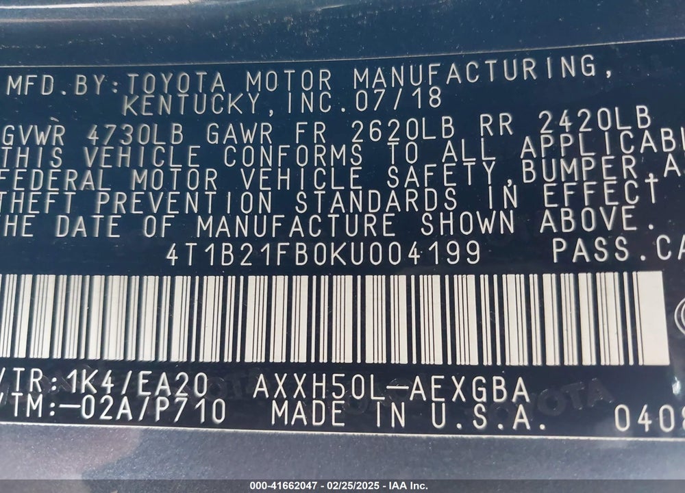 2019 TOYOTA AVALON HYBRID XLE VIN: 4T1B21FB0KU004199