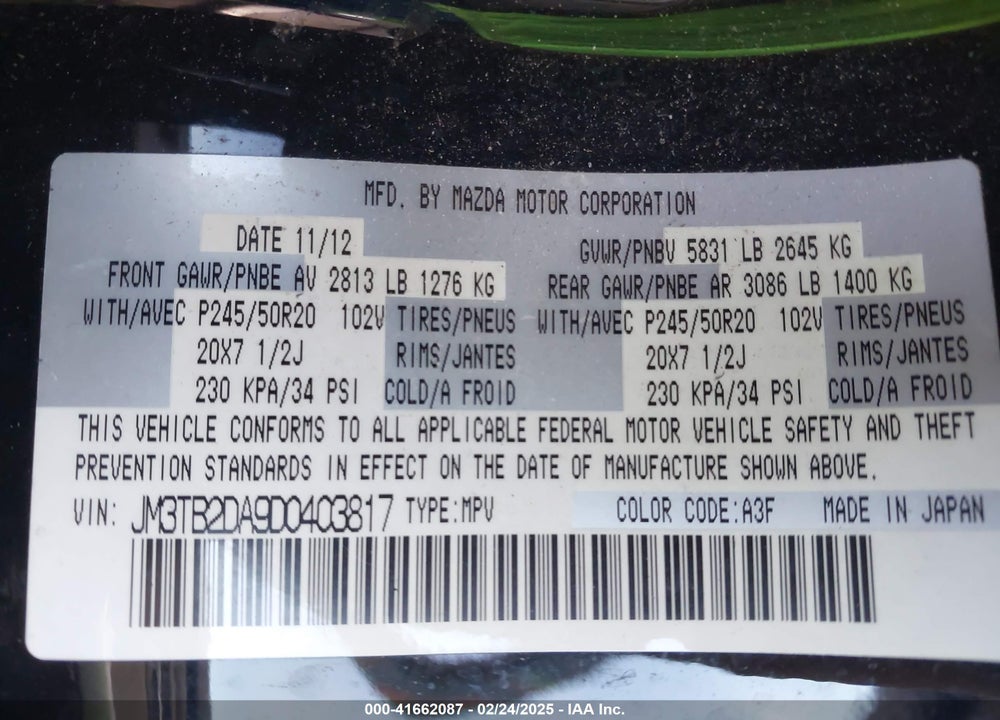 2013 MAZDA CX-9 VIN: JM3TB2DA9D0403817