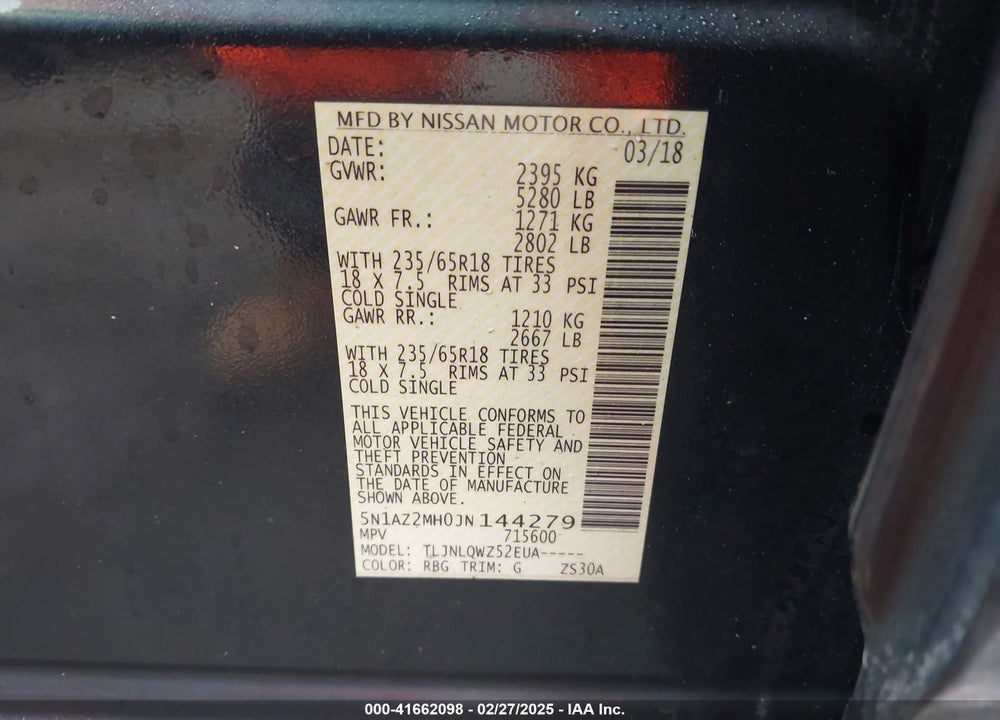2018 NISSAN MURANO VIN: 5N1AZ2MH0JN144279