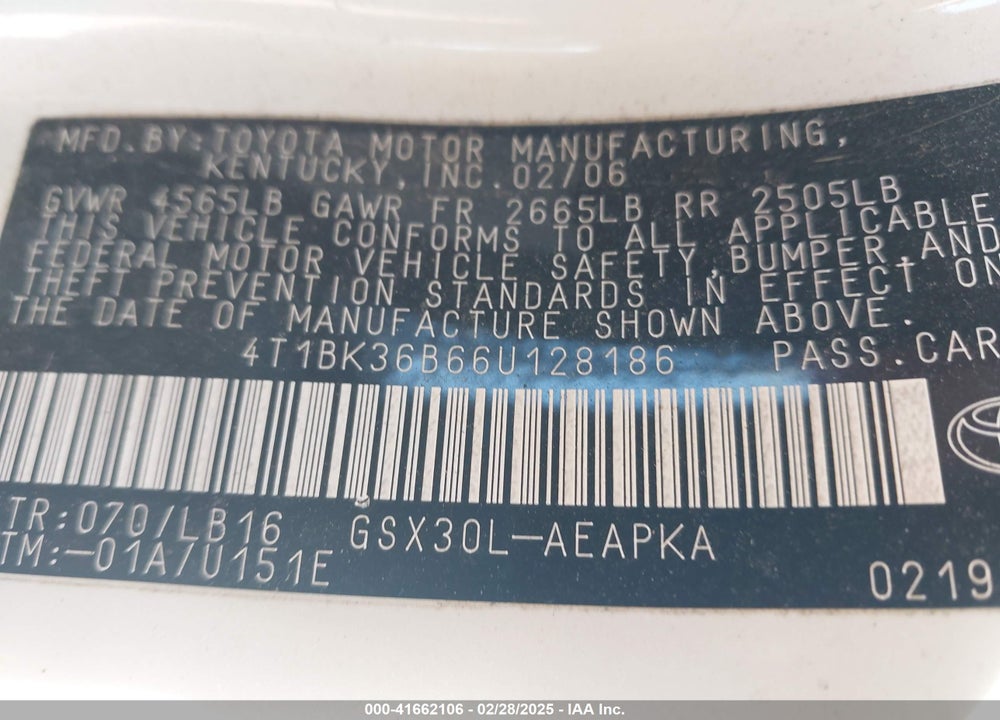 2006 TOYOTA AVALON VIN: 4T1BK36B66U128186