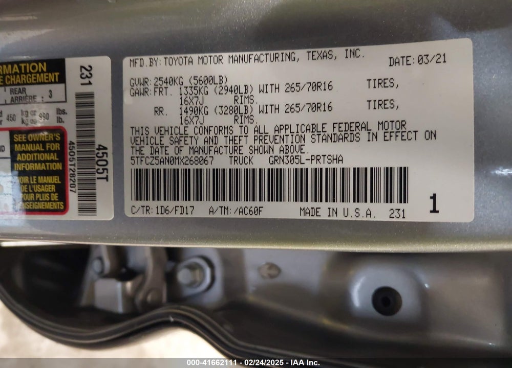 2021 TOYOTA TACOMA TRD OFF ROAD VIN: 5TFCZ5AN0MX268067