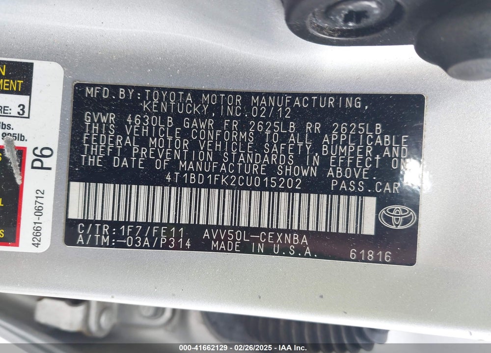 2012 TOYOTA CAMRY HYBRID VIN: 4T1BD1FK2CU015202