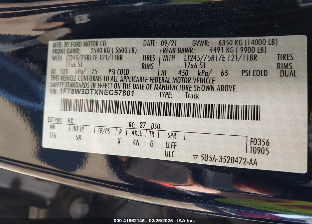 2022 FORD F-350 LARIAT VIN: 1FT8W3DTXNEC57801
