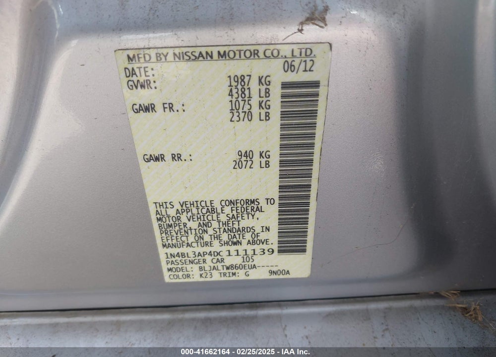 2013 NISSAN ALTIMA VIN: 1N4BL3AP4DC111139