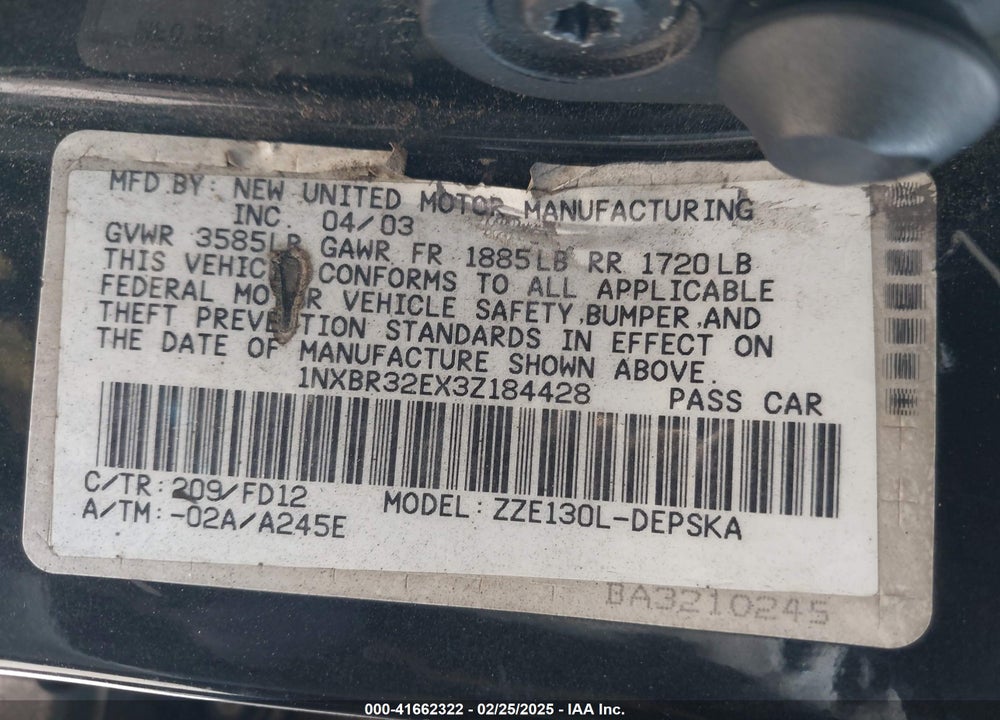 2003 TOYOTA COROLLA S VIN: 1NXBR32EX3Z184428