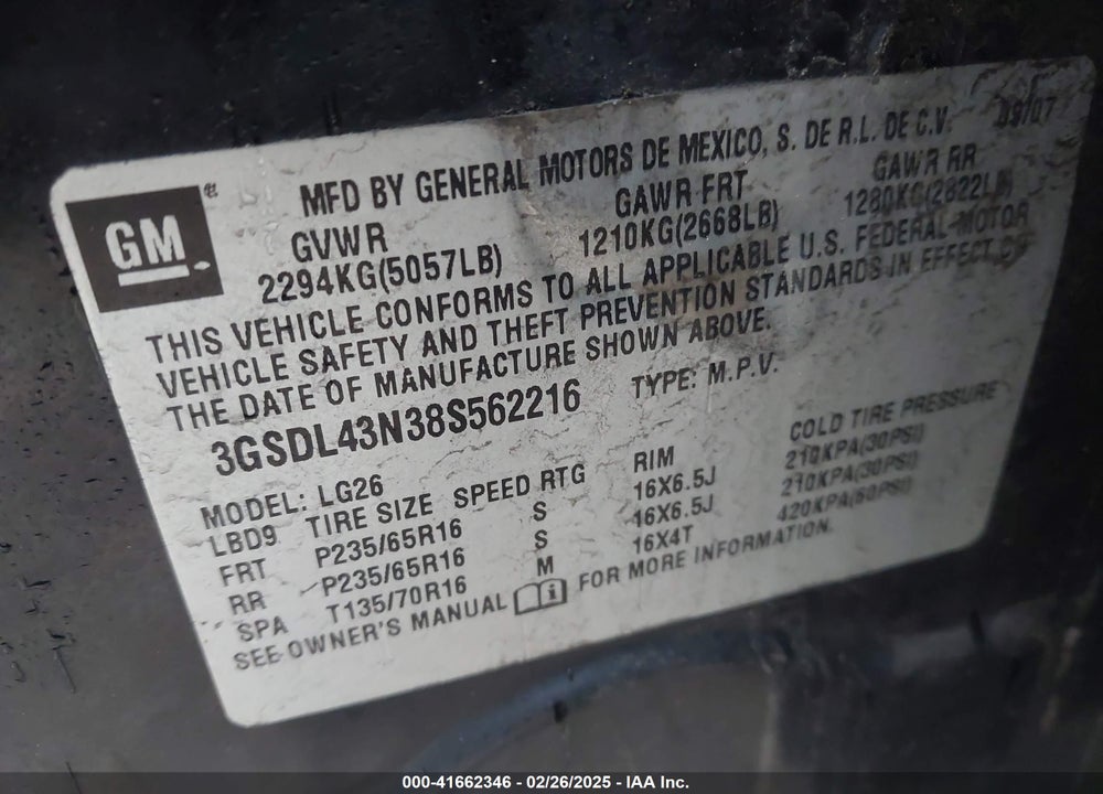 2008 SATURN VUE VIN: 3GSDL43N38S562216