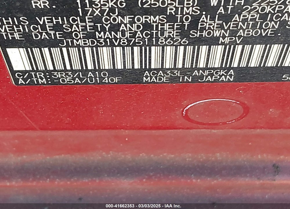 2007 TOYOTA RAV4 VIN: JTMBD31V875118626